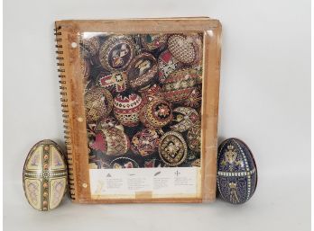 Ukrainian Easter Egg Hand Written History And 2 Tin Painted Eggs.