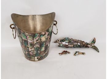 Abalone Articulated Fish, Fish Pendants And Pail