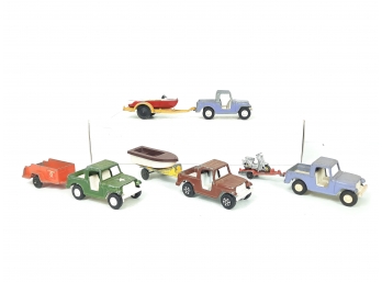 Lot Of 11 Vintage Tootsietoy Jeep W Uhaul, Boat & Motorcycle Trailers Metal Original 1960s   Chicago USA