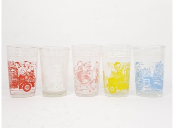 Vintage Set Of (5) Welch's Howdy Doody Glasses 4.125 Inches Tall Original With Embossed Bottom