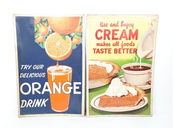 Vintage Lot Of (2) 1950's Lithograph Cardboard Posters Orange Drink & Cream Printed By G.P. Gundlach Co. ORIG