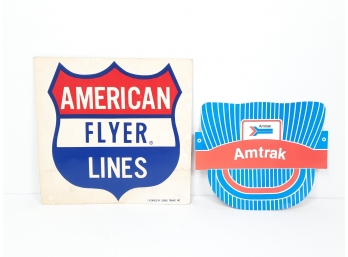 2pc Vintage  Train Advertising Lot - Cardboard American Flyer Sign 12' X 12' & Paper Amtrak Conductor Hat