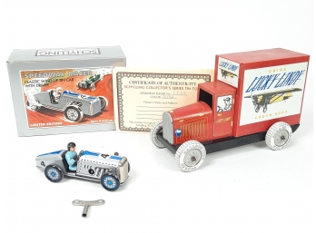 Lot Of 2 Schylling  Speedway Racer Tin Litho 4' Windup Car New In Box & Lucky Lindy Tin Truck 7.5' EXC COND!