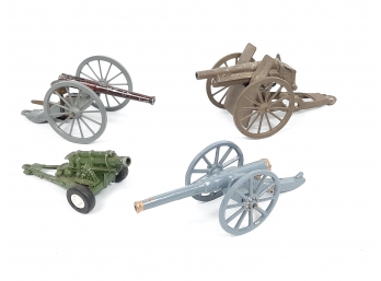 5x Vintage Cannons - Britains & Bulldog Lead, Tootsietoy Howitzer, Barclay Slush Diecast, Japan Tin Spring