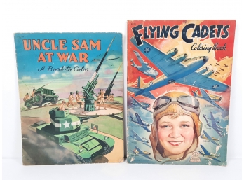 2x Vintage LARGE Coloring Books 1943 - 'Flying Cadets' Merrill Publishing & 'Uncle Sam At War'  Saalfield