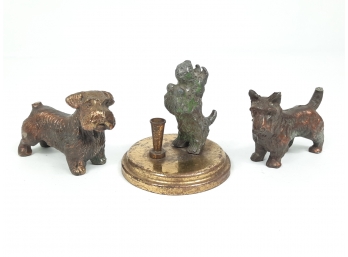 Lot Of 3 Vintage Brass Metal Scottie Figures & Scottish Terrier Ink Pen Holder - Original