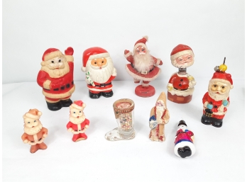 Lot Of 10 Vintage Santas - WInd-up, Candles, Bobble Head, Squeeze Toy, Coin Bank . Glass Candy Boot & Figure