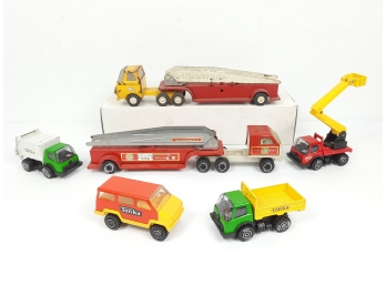 8pc Vintage TONKA Lot - Fire Trucks W Cab & Ladder, Dump, Garbage & Bucket Truck, Van Metal Plastic Japan USA