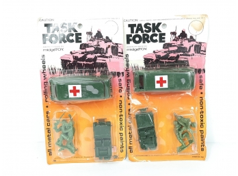 NOS Vintage Lot Of 2 Midgetoy Army Military Task Force Metal Cars W Figures Sealed Packs! Ambulance, Jeep USA