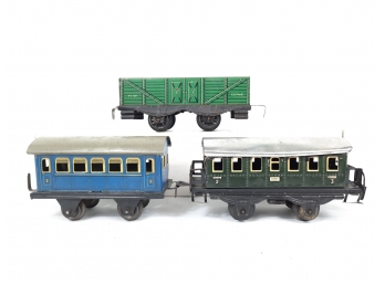 3x Vintage Tin Litho Trains - 2nd & 3rd Class Passenger Car (2) & Gondola Made In US Zone Germany HO Gauge