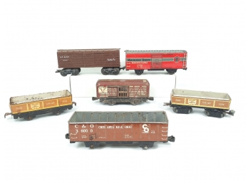Assorted MARX 6pc O GAUGE Trains -CRI&P Gondola, Box Car, Union Pacific Cattle Car (RARE), Stock Car 13975