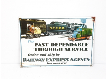 Vintage Metal Embossed Railway Express Agency Incorporated Advertising Train Sign 14.25' X 9.75'