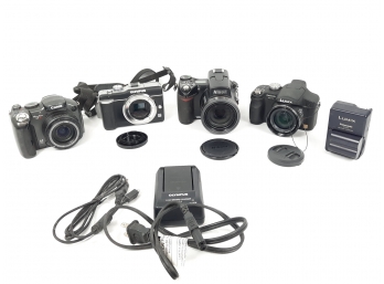 Lot Of 4 Cameras - Olympus, Nikon, Canon, Panasonic With  2 Battery Chargers