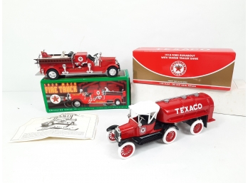 2x ERTL RC2 Texaco 1929 Mack Fire Truck & 1918 Ford Runabout Tanker Trailer Diecast Metal Coin Banks 125 EXC!