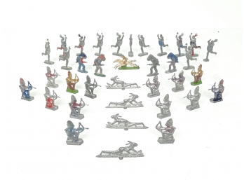 Vintage 36pc Lot Of Lead Painted Metal Indian Native American Figures Crouching Standing WTomahawk & Bows