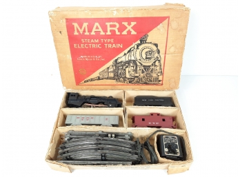 Vintage MARX O Gauge Electric Train Set Locomotive, Tender, Gondola, Caboose, Track Transformer  ORIGINAL BOX