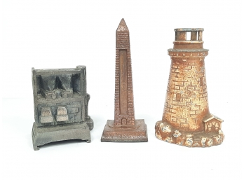 Lot Of 3 Vintage Cast Metal Molds - Washington Monument, 1937 Lighthouse & Stove  Oven ? SEE PICS