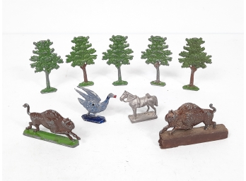 Vintage 9pc Lot Of Lead Painted Metal Animal Figures & Trees - Buffalo, Bird, Horse