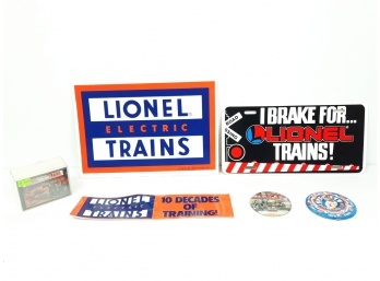 Vintage 6pc Lionel Train Lot Cardboard Sign 12' X 8.25' License Plate, Bumper Sticker, Pins & Trading Card Set