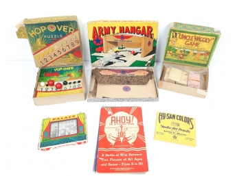 6x Vintage Games, Puzzles - Built-Rite Army Hanger, Uncle Wiggily, Palace Slide Show, Hop-Over, Battleship
