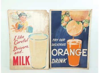 Vintage Lot Of (2) 1950's Lithograph Cardboard Posters Orange Drink & Milk Ads Printed By G.P. Gundlach Co.