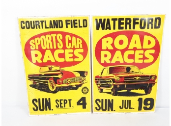 2x Vintage 1960's ORIGINAL Sports Car Race Posters - Ford Mustang & Thunderbird 11' X 17' Made In USA By Globe
