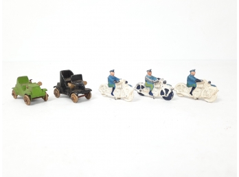 5x Vintage Cast Iron Lead Metal Mini Cars & Motorcycles With Riders 1 34' Long