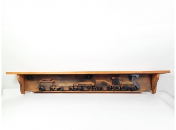 Vintage 48' Wooden Train Shelf  Mantle With Pop-Out Locomotive And 4 Cars