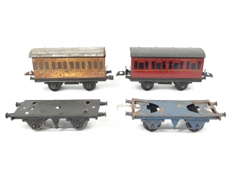 Lot Of 4 Vintage HORNBY Meccano O Gauge Tin Metal Passenger Cars & Flat Car Chassis Made In England