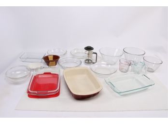 Group Of Pyrex Cooking Dishes, Measuring Cups And Other Items