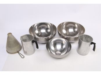 Group Of Metal Items Including Bowls Scoops Sifter