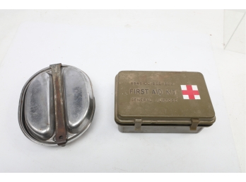 Vintage Military First Aid Kit And Mess Kit Lot