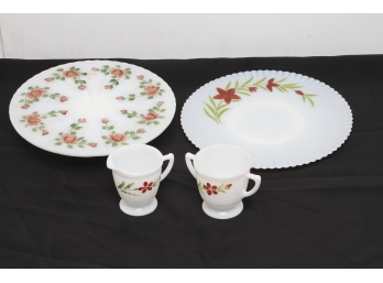 Lovely 4 Piece Luncheon Hand Painted Milk Glass Pie/cake Stand, Tray, Creamer & Sugar