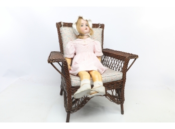 Antique German Doll With Wicker Chair