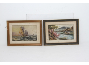 2 Vintage Thread Art Pictures Sailing Ship & Mt. Fuji