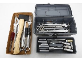 Group Of Various Hand Tools Including Wrenches And Sockets