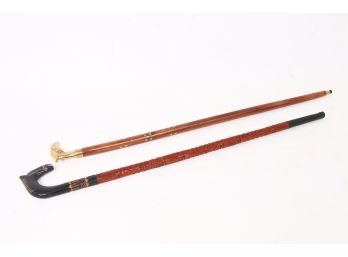 Pair Of Vintage Wooden Carved And Inlaid Canes