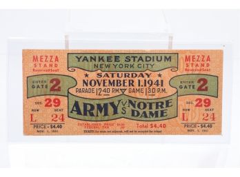 November 1st 1941 Yankee Stadium Army Vs. Notre Dame Game Ticket