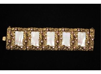 Awesome Large Vintage Mother Of Pearl And Pink Stones Ladies Bracelet