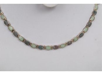 17' Sterling Silver Green Jade And Opal Ladies Necklace