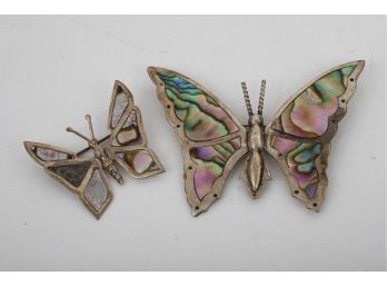 2 Vintage Mexican Sterling Silver And Abalone Butterflies Pins