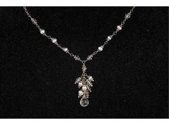 16' Sterling Silver .925 Real Pearls And Clear Stones Necklace