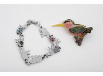 Elephant Bracelet Together With Plastic Bird Pin