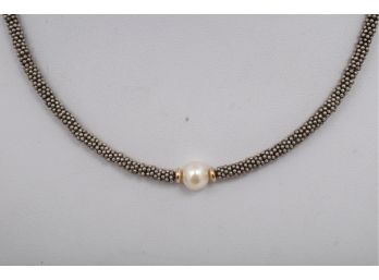 16' Heavy Silver Ladies Necklace With Real Pearl