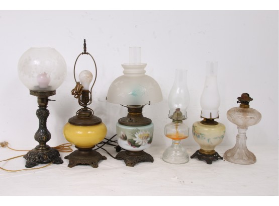 Group Of Vintage Antique Kerosene Lamps With Some Being Electrified