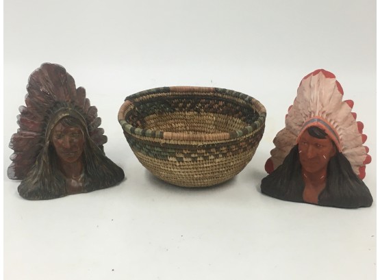 Two Pottery Native American Chief Heads & A Woven Basket