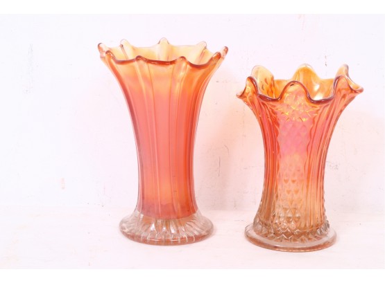 Pair Of Vintage Iridescent Carnival Marigold Glass Vases