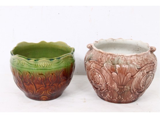Pair Of Antique Pottery Planter Flower Pots Majolica McCoy Style