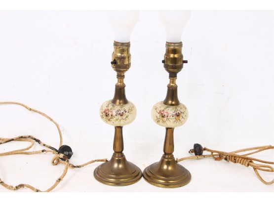 Pair Of Antique Hollywood Regency Brass Table Lamps With Hand Painted Glass Flower Accent
