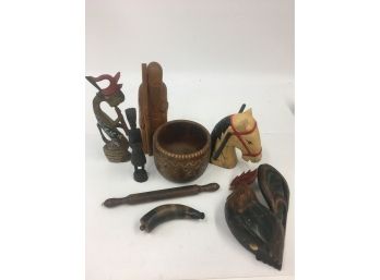 Vintage Wood Lot Including Horse Rooster Statues Bowl & More